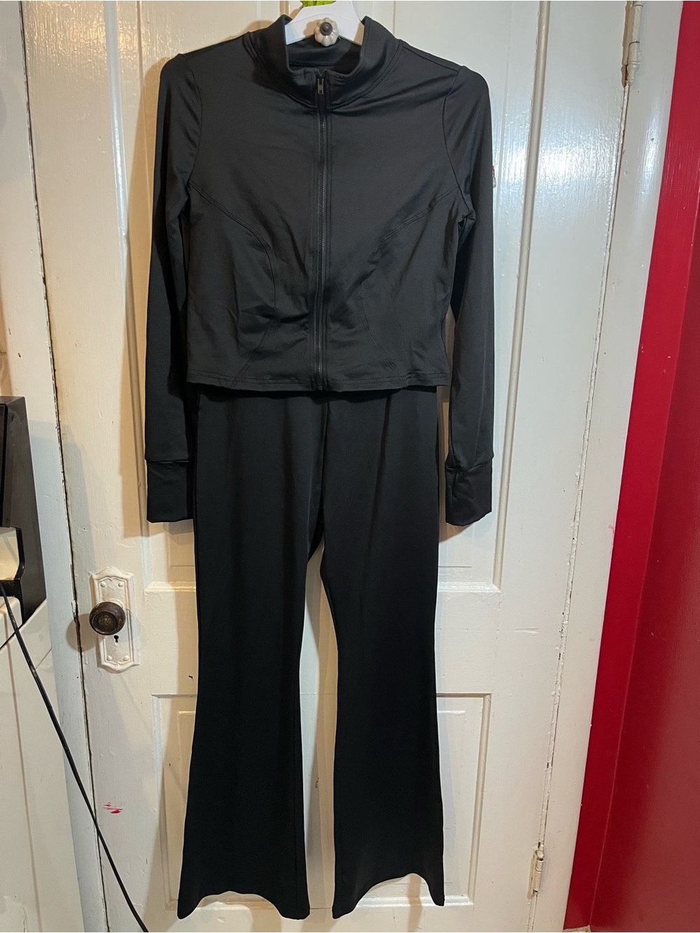 Women’s Black Active Zip-Front Jacket & Flared Pants Set